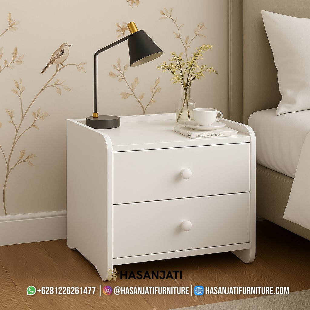 Meja nakas minimalis putih cat duco elegan untuk kamar tidur bergaya Scandinavian dari Hasan Jati Furniture Jepara.