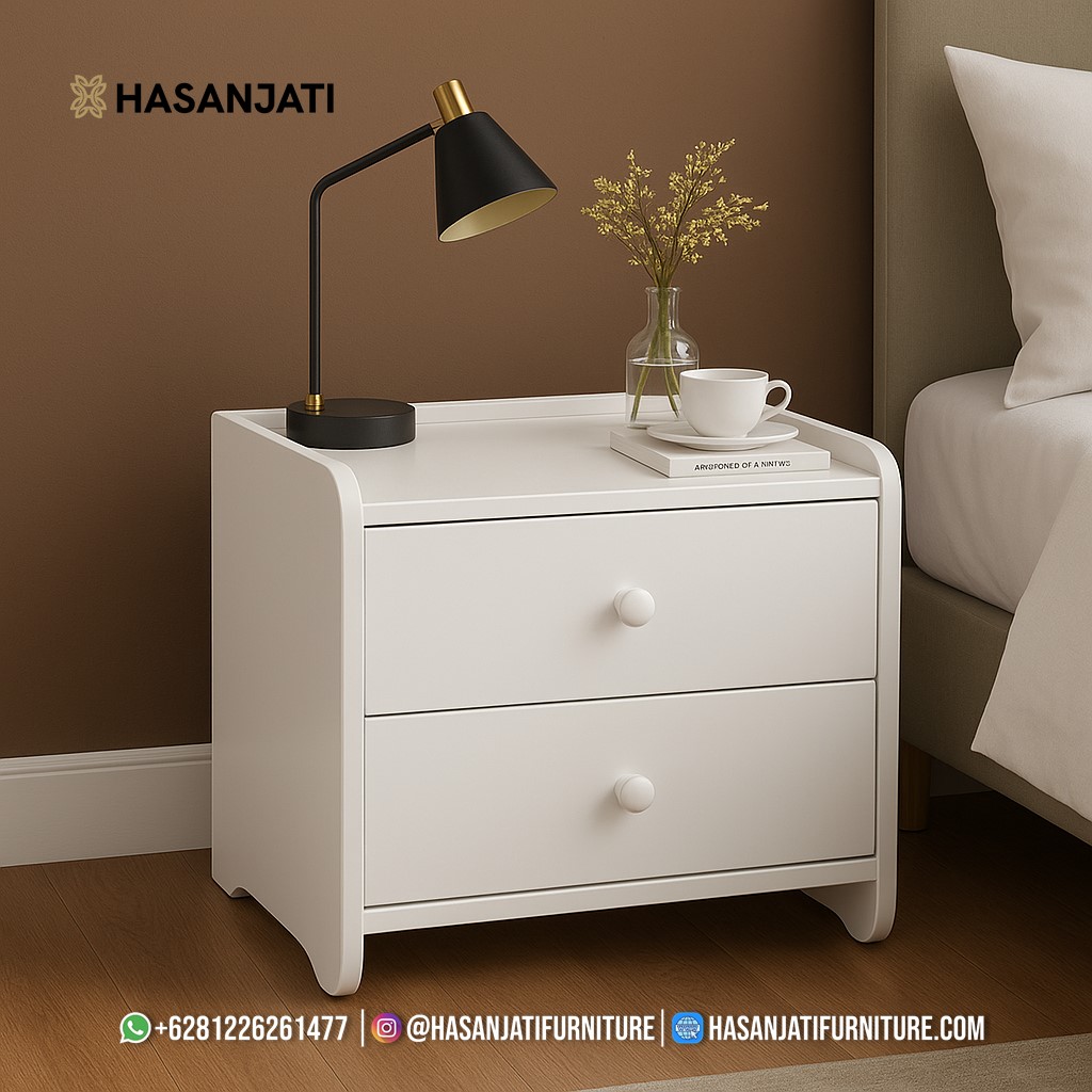 Meja nakas minimalis putih modern cat duco elegan untuk kamar tidur bergaya Scandinavian dari Hasan Jati Furniture Jepara.