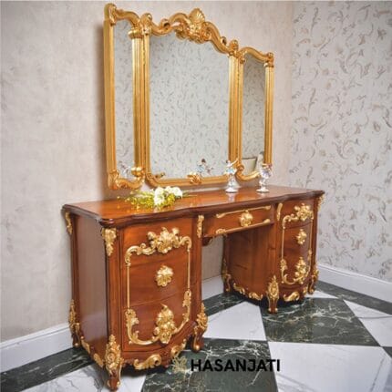 Meja rias kayu jati Jepara model klasik dengan detail ukiran warna gold - Luxury Dresing Table