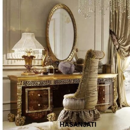 Meja rias jati mewah dengan ukiran emas elegan dan kursi luxury Jepara