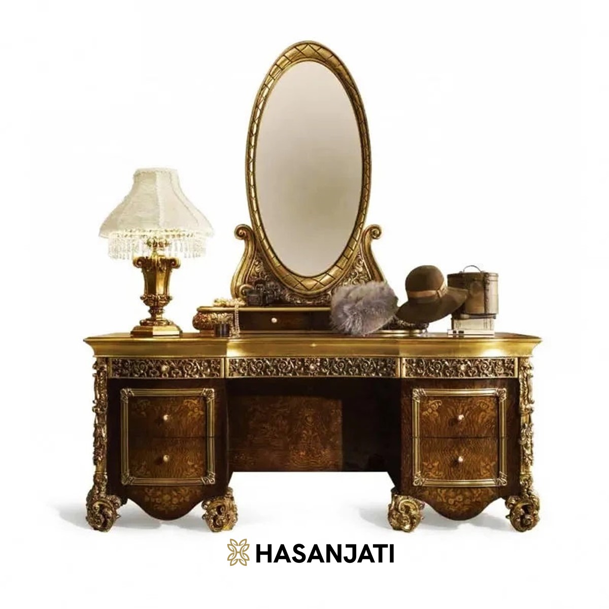 Meja rias jati mewah dressing table dengan ukiran emas elegan