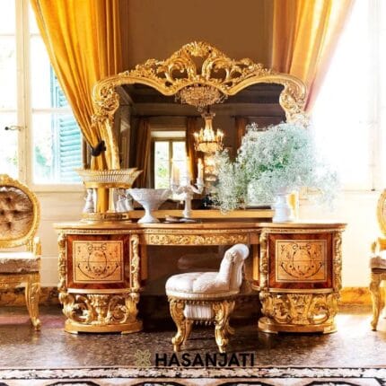 Meja Rias Jati Mewah Ukiran Klasik dengan Cermin dan Kursi Jepara