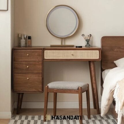 Meja rias jati modern warna brown dengan frame mirror stainless dan kaca lampu LED