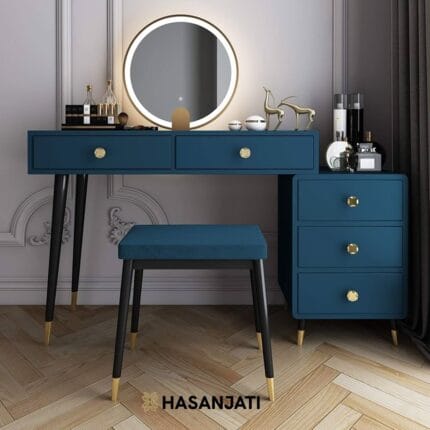 Meja rias jati modern warna dark dengan dengan frame stainless & cermin LED