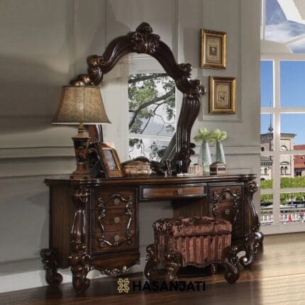 Meja rias klasik Jepara ukiran kayu jati dengan cermin besar dan kursi rias elegan warna cokelat