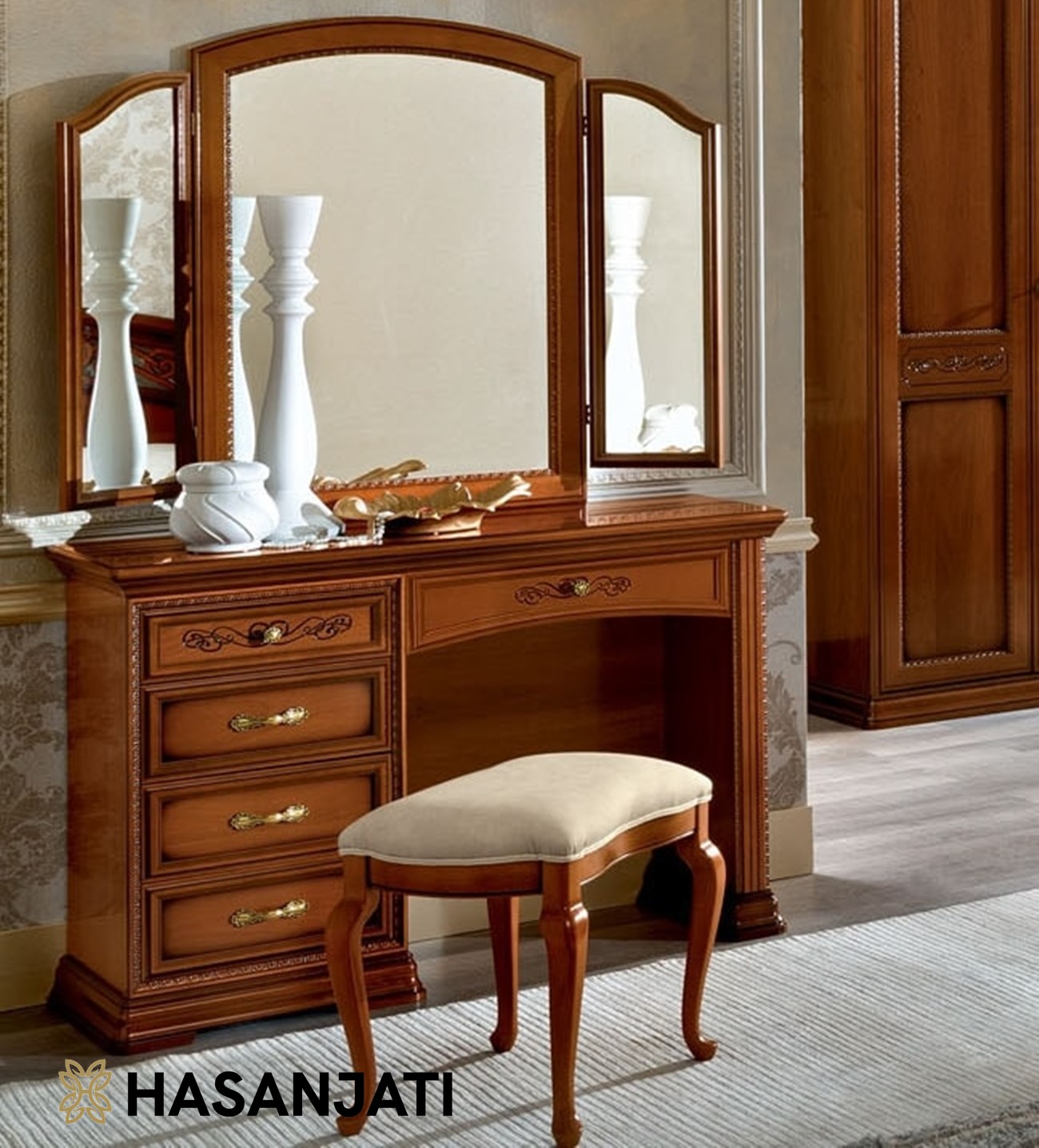 Meja rias klasik kayu jati dengan 3 cermin elegan finishing natural coklat