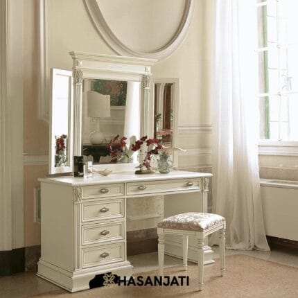 Meja rias klasik kayu jati dengan 3 cermin elegan finishing putih klasik