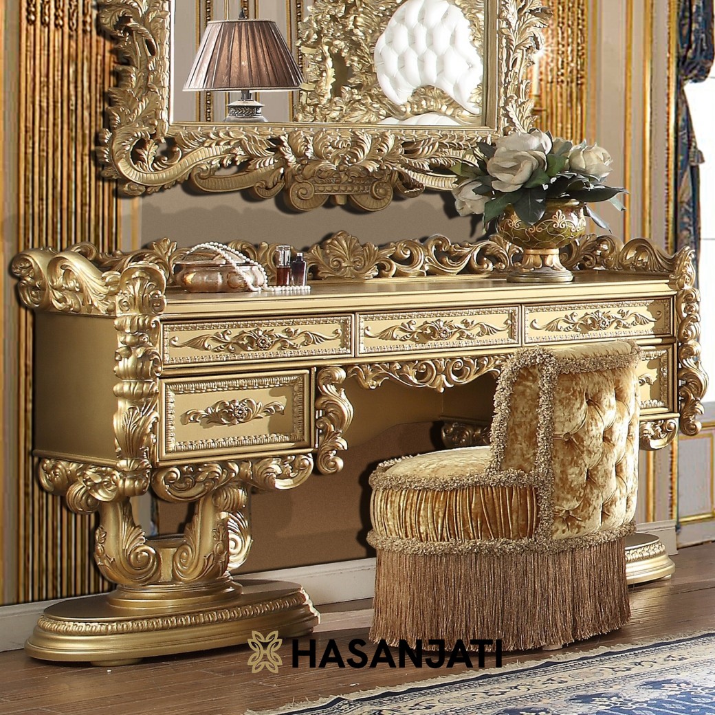 Meja rias mewah klasik warna gold dengan detail ukiran Jepara - Dressing Table