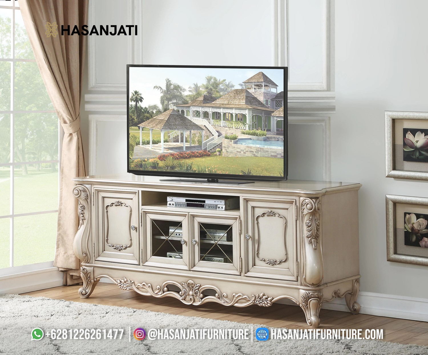 Meja TV klasik satuan finishing Golden Ivory, cocok untuk ruangan minimalis