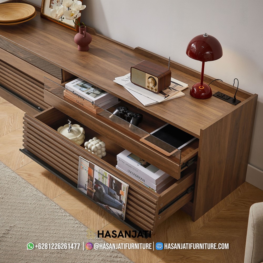 Meja TV minimalis jati dengan laci penyimpanan dan rak tersembunyi, memadukan keindahan kayu jati dan fungsi modern