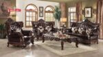 Set Sofa Tamu Jati Klasik Mewah Kulit Coffee Brown Gaya Eropa
