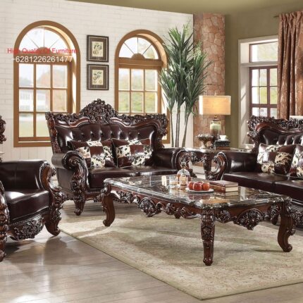 Set Sofa Tamu Jati Klasik Mewah Kulit Coffee Brown Gaya Eropa