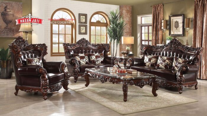 Set Sofa Tamu Jati Klasik Mewah Kulit Coffee Brown Gaya Eropa