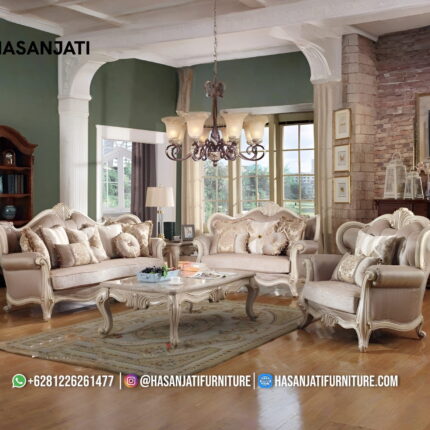 Set Sofa Tamu Klasik Eropa Ukiran Duco Cream