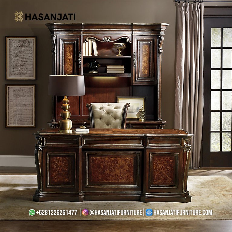 Model meja kantor jati klasik warna brown ukir Jepara