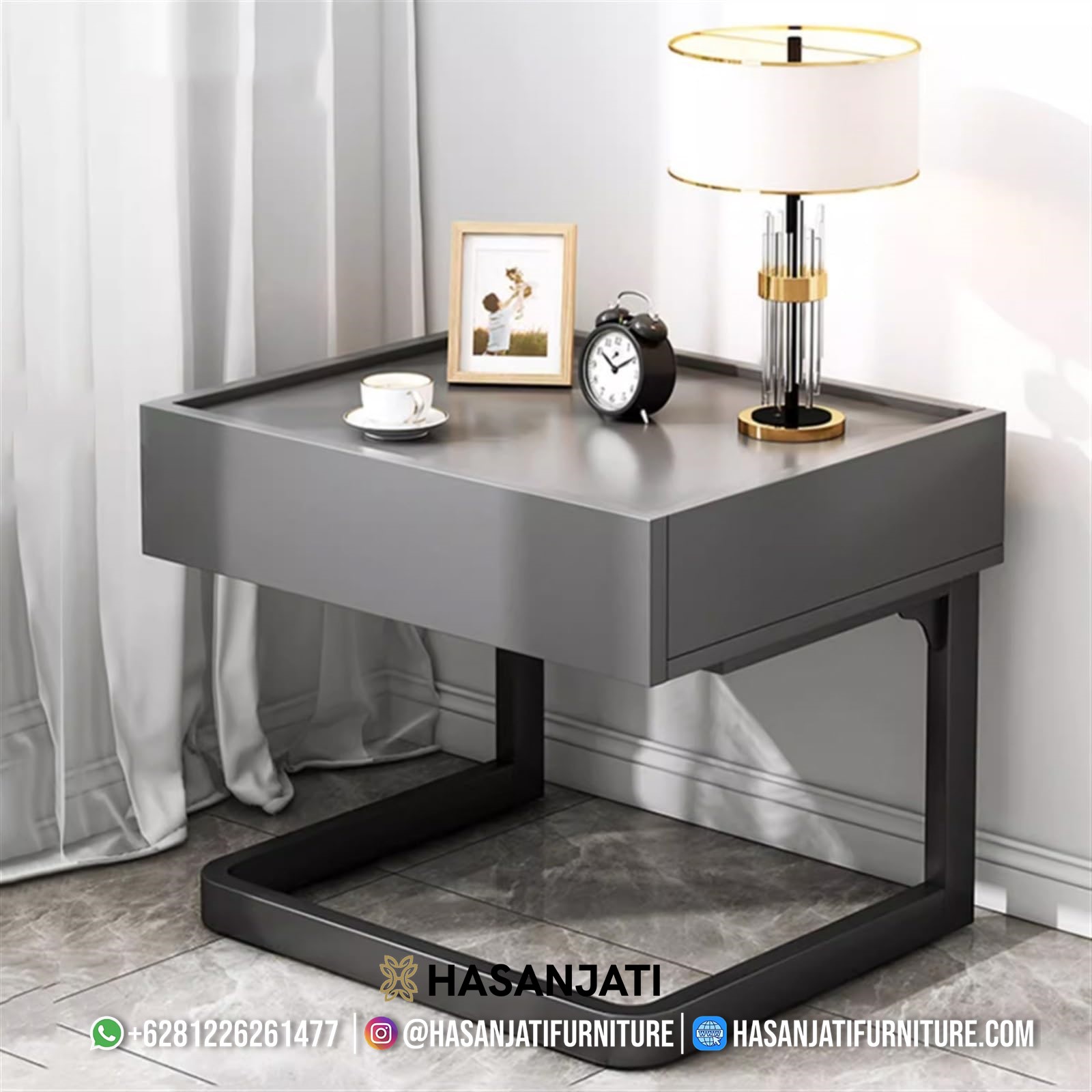 Nakas minimalis satu laci warna abu-abu dengan kaki besi hitam desain modern luxury