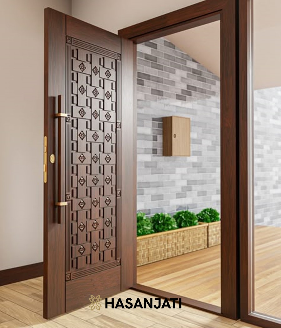 Pintu utama kayu jati Jepara model klasik warna brown