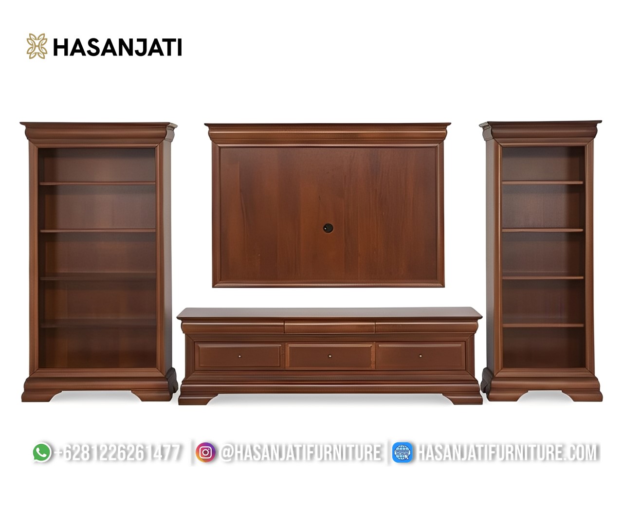 Detail Set Bufet TV Klasik Jati Louis Philippe (tampak terpisah), menonjolkan detail molding dan finish Cokelat Salak yang elegan.