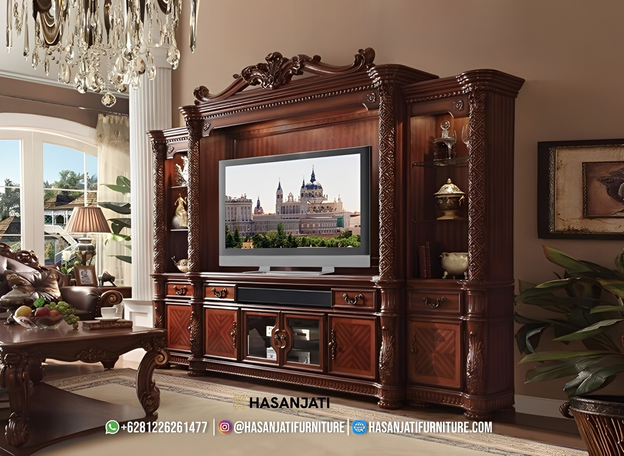 Varian Set Bufet TV Klasik Kayu Jati Cokelat (Natural Brown) lengkap dengan Lemari Pajangan.