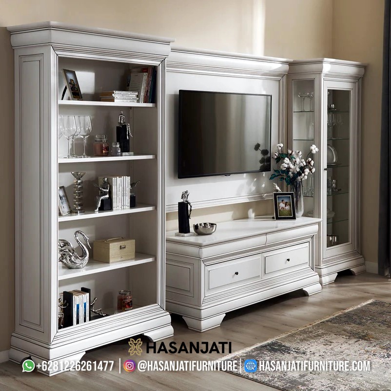 Set Bufet TV Klasik Modern Putih Duco Jepara, terdiri dari 3 unit (bufet, lemari kaca, rak buku), dengan finish Duco Putih yang halus dan elegan.