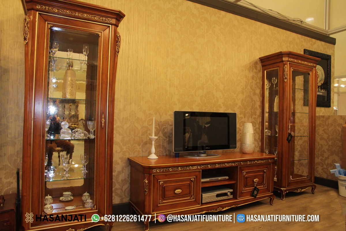 Tampilan Keseluruhan Set Bufet TV Klasik Walnut Kualitas Ekspor.