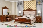 set kamar tidur jati mewah seri Prestige Chinioti lengkap dengan dipan kasur, nakas laci, dan meja rias ukir produk Hasan Jati Furniture.