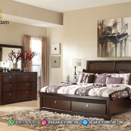 Set kamar tidur mewah seri Marxmir Modern Luxury lengkap dengan dipan kasur storage cokelat tua, sepasang nakas, meja dresser rias, dan lemari chest laci tinggi produk Hasan Jati Furniture.