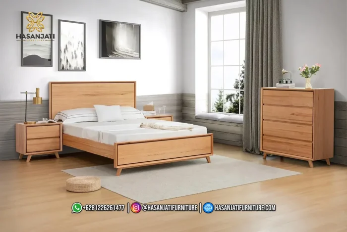 Set Kamar Tidur Scandinavian Minimalist Modern Set kamar tidur mewah minimalis modern seri Scandinavian lengkap dengan dipan kasur natural, sepasang nakas, karpet lantai, dan lemari chest 4 laci produk Hasan Jati Furniture.