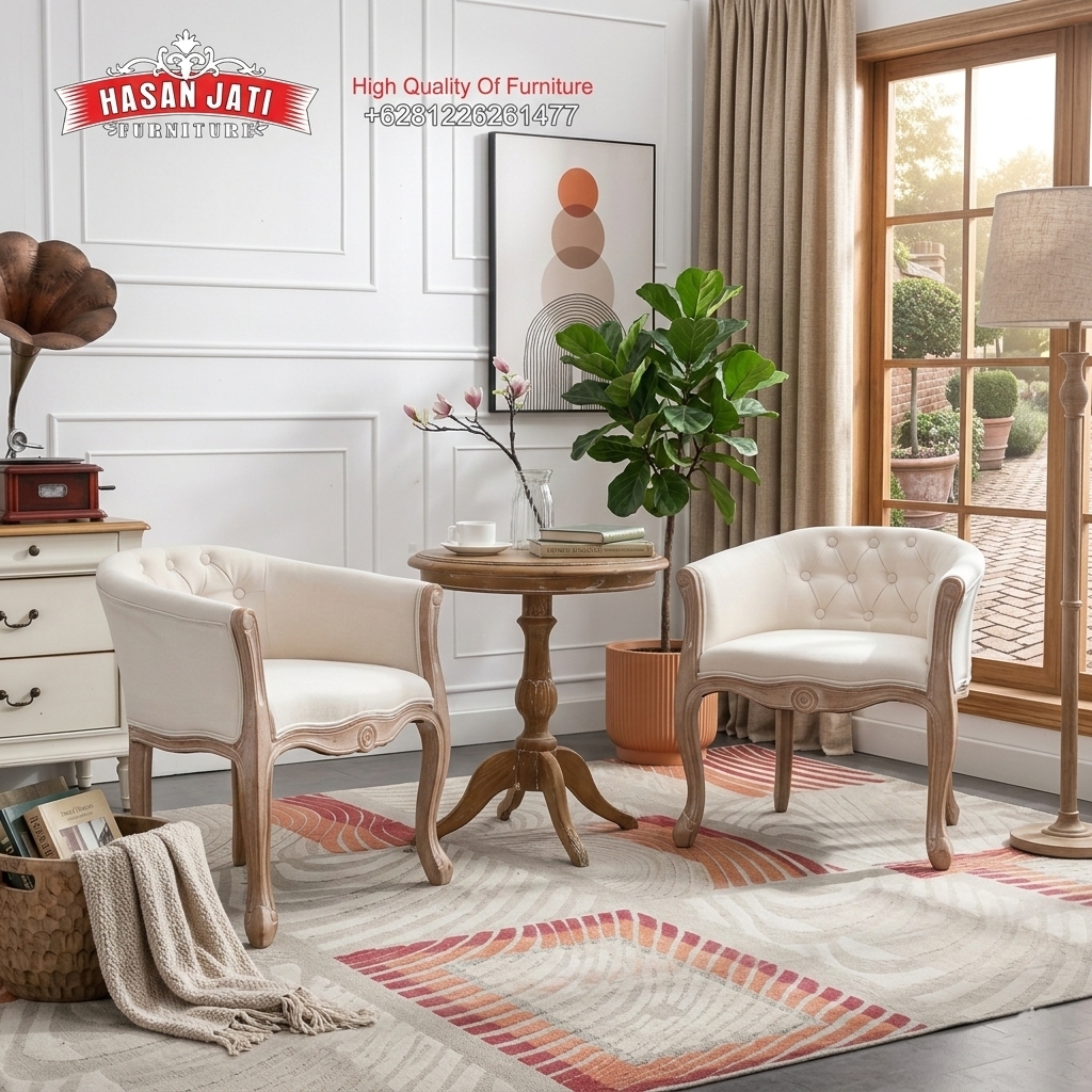 Sepasang kursi aksen klasik dengan sandaran berumbai kancing, kaki kayu jati berukir, dan meja hias bundar untuk dekorasi interior rumah mewah.
