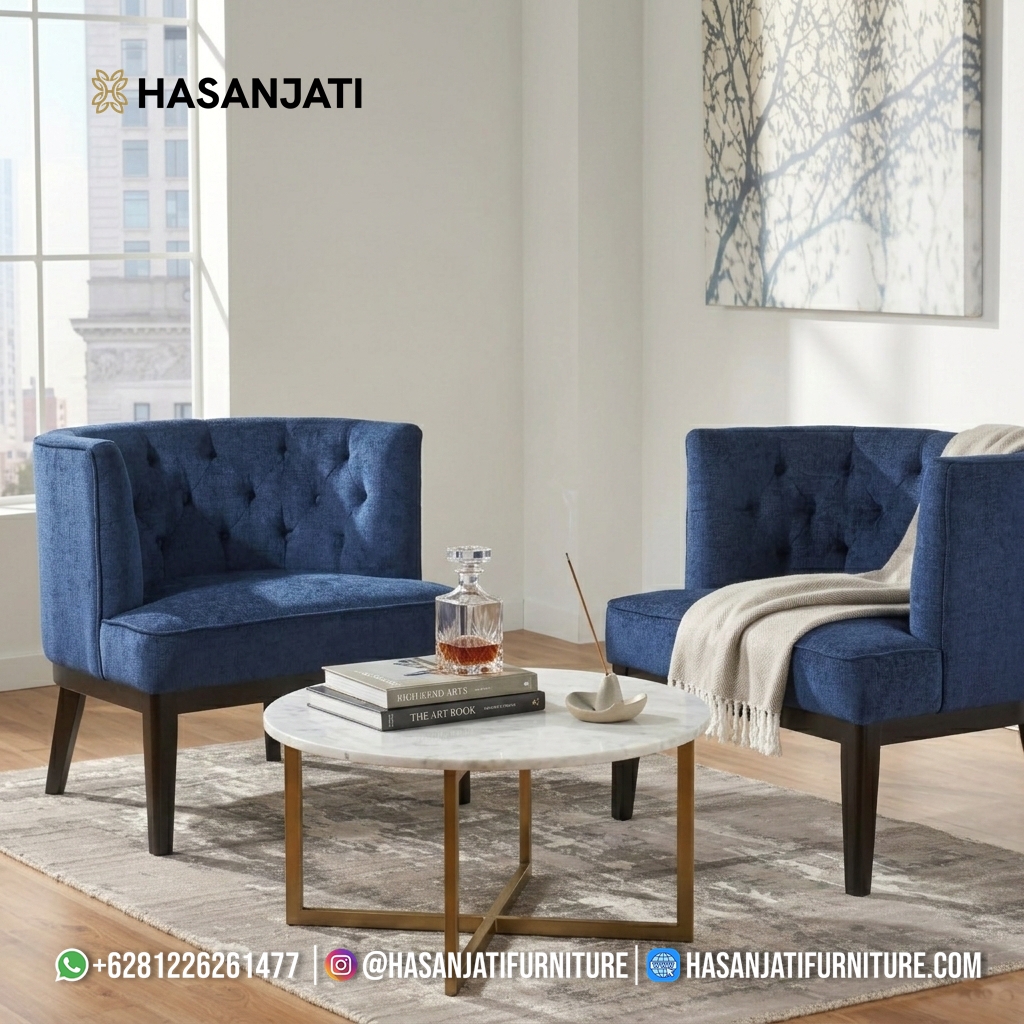 Set sepasang kursi aksen minimalis bahan kain fabric dengan rangka kayu jati solid untuk ruang tamu modern