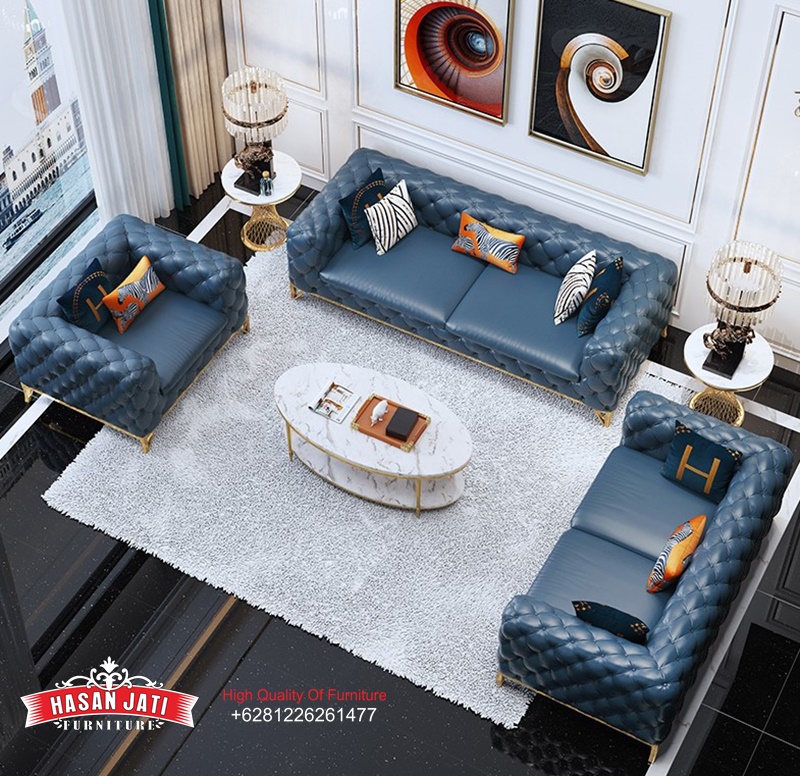 kursi tamu klasik modern set 3 2 1 sofa chesterfield warna biru elegan