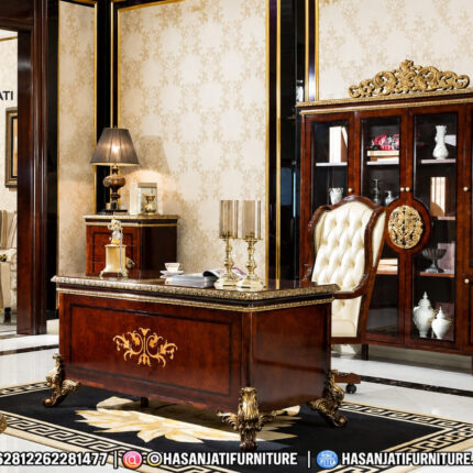Set Meja Direktur Mewah Jati Jepara Palace Kursi Kulit Putih
