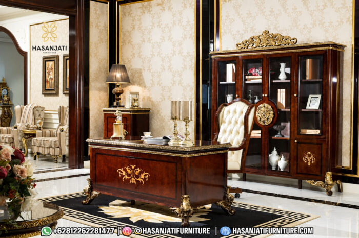 Set Meja Direktur Mewah Jati Jepara Palace Kursi Kulit Putih