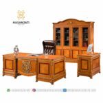 Set Meja Kantor Direktur Mewah Klasik Jepara Lemari Buku Besar Kayu Jati