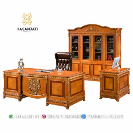 Set Meja Kantor Direktur Mewah Klasik Jepara Lemari Buku Besar Kayu Jati