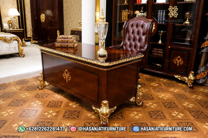 Set Meja Kantor Direktur Mewah Klasik Palace Kursi Kulit Marun