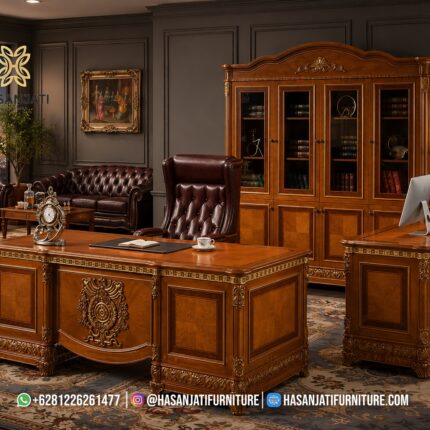 Set Meja Kerja Direktur Mewah Klasik Jati Jepara Model Emperor