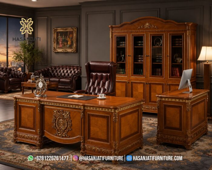Set Meja Kerja Direktur Mewah Klasik Jati Jepara Model Emperor