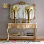 Set meja konsol dinding mewah seri Aveline warna krem gading kombinasi emas