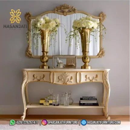 Set meja konsol dinding mewah seri Aveline warna krem gading kombinasi emas