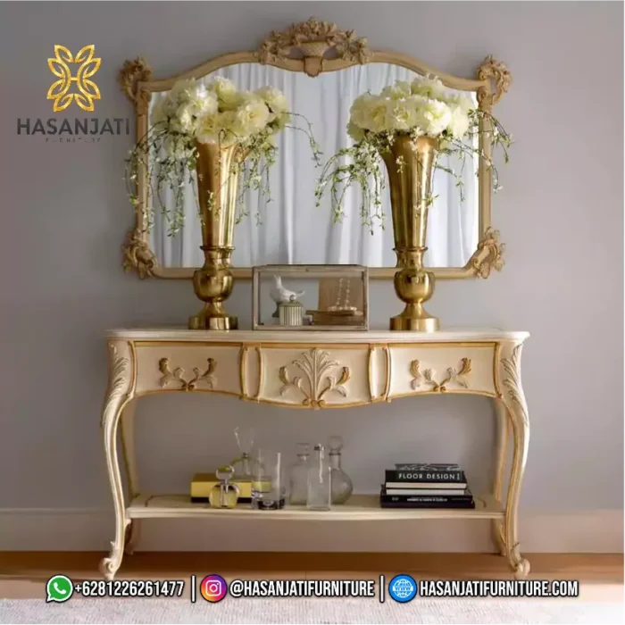 Set meja konsol dinding mewah seri Aveline warna krem gading kombinasi emas