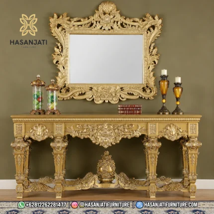 Set meja konsol dinding mewah seri Bernadette warna emas antik gaya Eropa klasik dengan cermin dinding pigura ukir besar tampak depan penuh