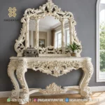 Set meja konsol dinding mewah seri Evelina warna putih gading antik gaya Eropa klasik dengan cermin dinding pigura ukir pilar tampak depan.