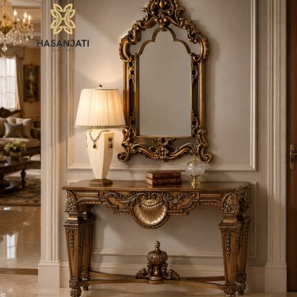 Set meja konsol mewah Jati Jepara seri Versailles warna emas dengan cermin dinding untuk dekorasi ruang tamu klasik.