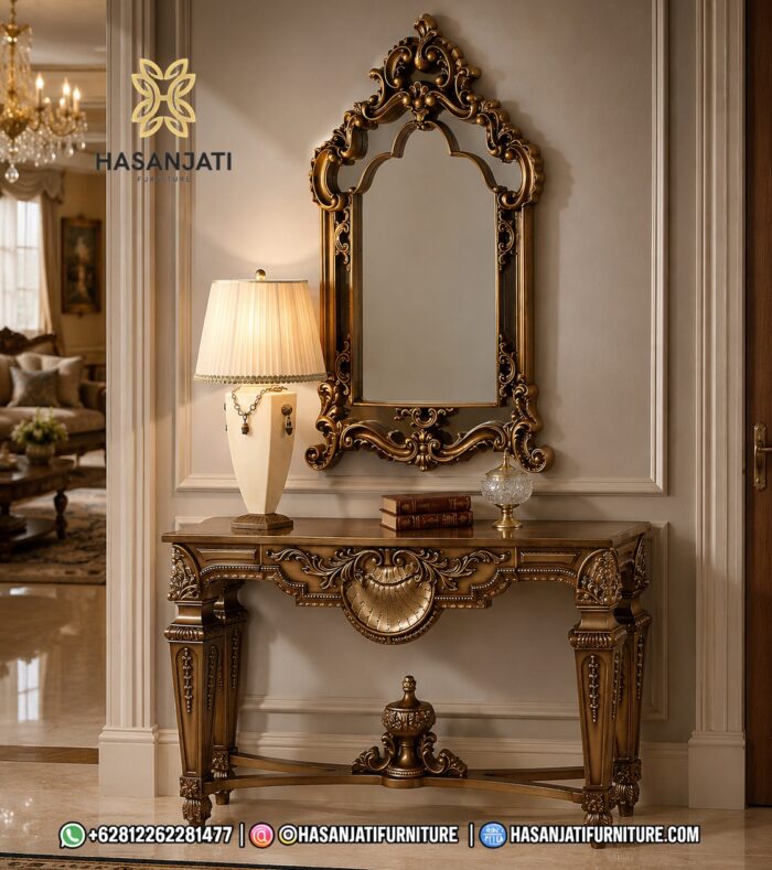 Set Meja Konsol Mewah Jati Jepara Versailles Set meja konsol mewah Jati Jepara seri Versailles warna emas dengan cermin dinding untuk dekorasi ruang tamu klasik.