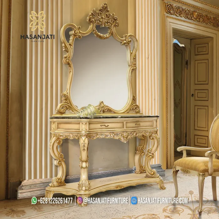 Set Meja Konsol Mewah Louvre Ivory Gold Ukiran Jepara - Gambar 2