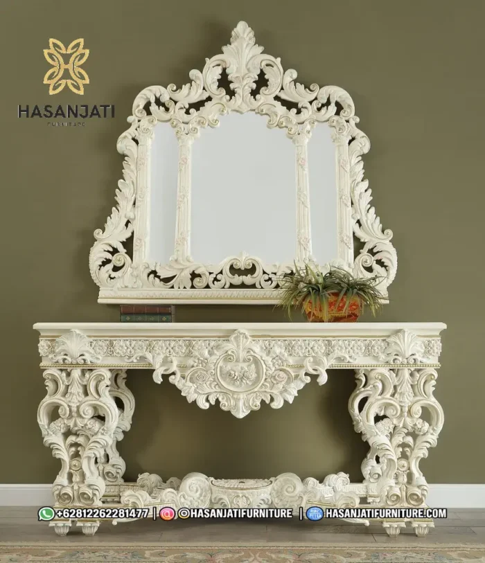 Set meja konsol dinding mewah seri Novella warna putih gloss gaya Eropa klasik lengkap dengan cermin dinding pigura ukir besar tampak depan