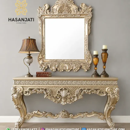Set meja konsol dinding mewah seri Prosecco warna champagne gold gaya Eropa klasik dengan cermin dinding pigura ukir mahkota kipas besar tampak depan penuh.
