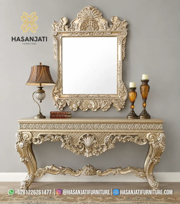 Set meja konsol dinding mewah seri Prosecco warna champagne gold gaya Eropa klasik dengan cermin dinding pigura ukir mahkota kipas besar tampak depan penuh.