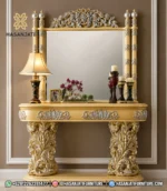 Set meja konsol mewah Scappini traditional style warna champagne dengan cermin dinding besar hiasan ruang tamu klasik
